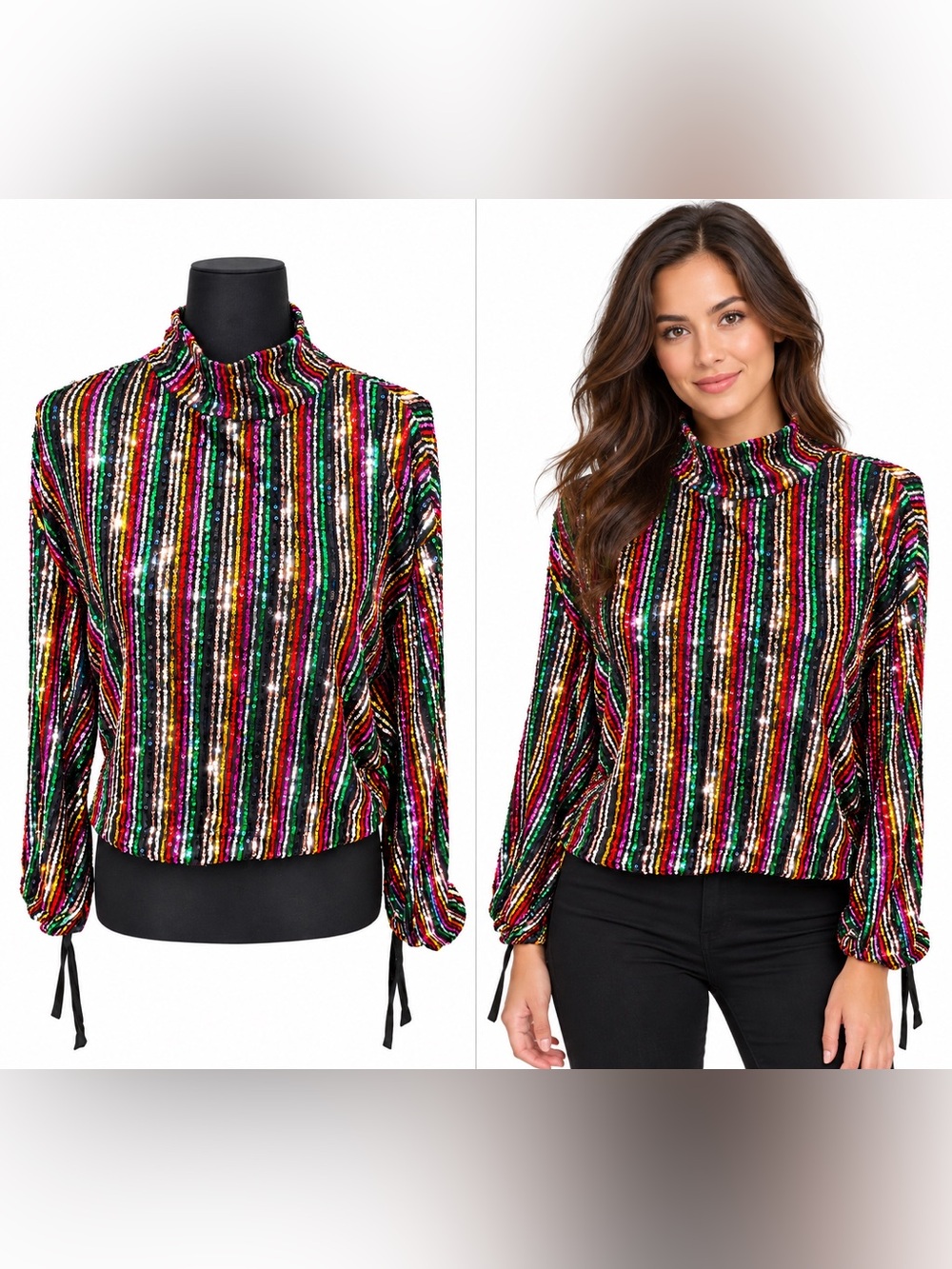 Free People Black Multicolor Sequin Stripe Mock Neck Tie-Sleeve Top Small